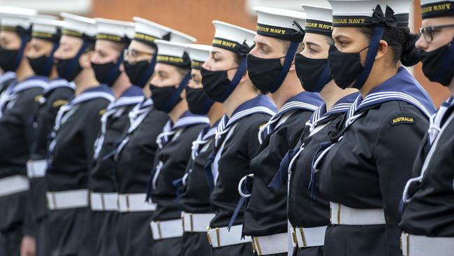 Members of General Entry 392 Shipp Division form up on the parade ground of Recruit School during their graduation ceremony, at HMAS Cerberus, Victoria. Picture: Defence