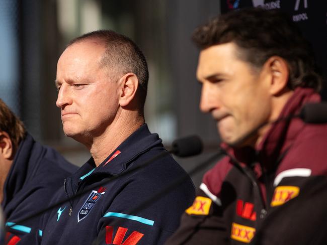 Blues coach Michael Maguire and Maroons coach Billy Slater during the press conference. Picture: Mark Stewart