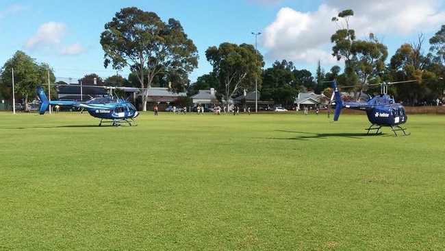 Helicopters land on Walkerville Oval for a bridal party in between football games on Saturday. Source: Facebook.