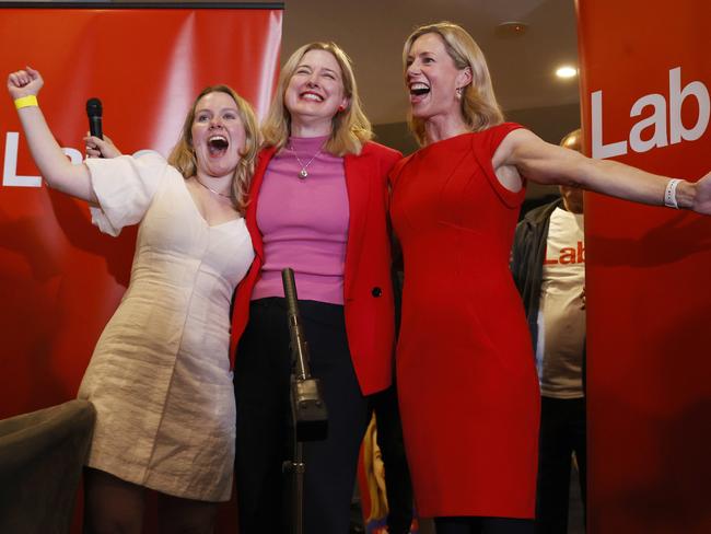 Labor Clark candidate Heidi Heck, Minister Julie Collins member for Franklin with Labor cadidate for Lyons Rebecca White and Clark Labor candidate Heidi Heck.  Labor gathering in Hobart at Bellerive Yacht Club.  Federal election 2025.  Picture: Nikki Davis-Jones