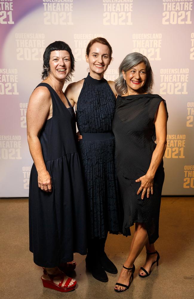 Barb Kerr, Simone Romaniuk and Nathalie Ryner at the opening night of Queensland Theatre’s Our Town. Pictures: J&amp;A Photography