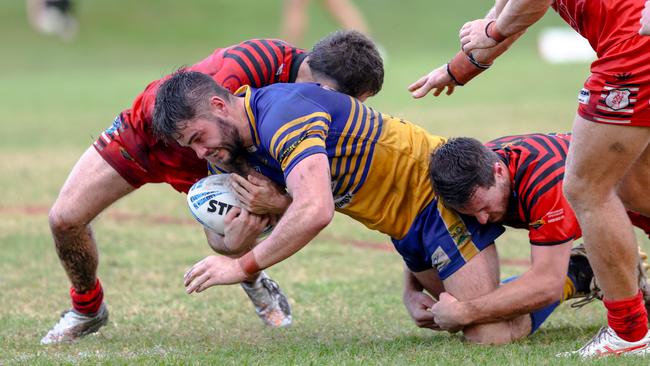 Owen Brock met by the defence. Picture: DC Sports Photography.