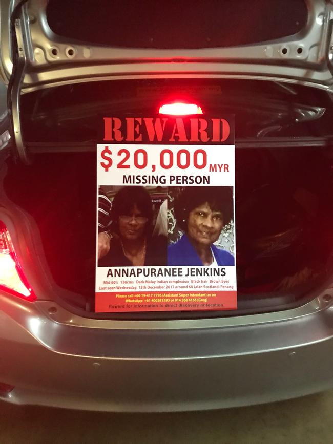 The family of Annapuranee Jenkins put up a 20,000 Ringgit reward ($6750 Aus dollars) for information about her disappearance.