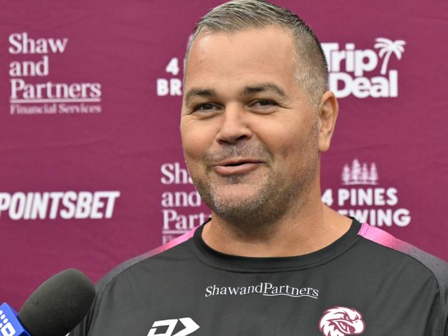 Manly Warringah Sea Eagles coach Anthony Seibold speaks tot he media before the captainÃ¢â¬â¢s run at Allegiant Stadium on Friday, March 1, 2024, in Las Vegas. (Photo by David Becker)