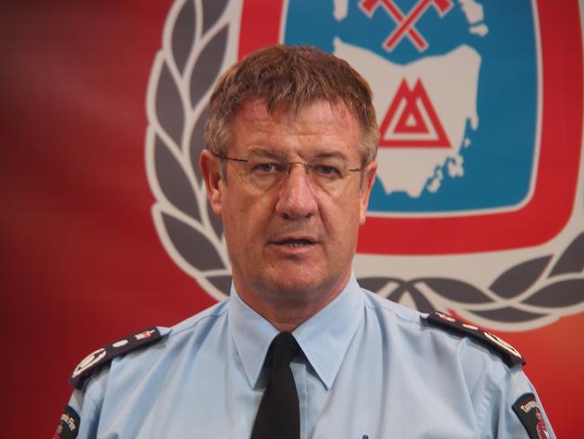 Tasmania Fire Service chief officer Chris Arnol speaks to the media at a press conference at TFS Headquarters in Hobart. Picture: MATTHEW THOMPSON