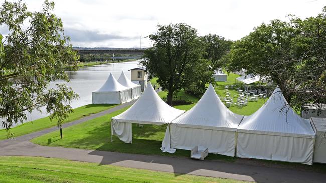 Empty marquees line the Barwon River after the Head of the Schoolgirls Regatta was cancelled. Picture: Stephen Harman