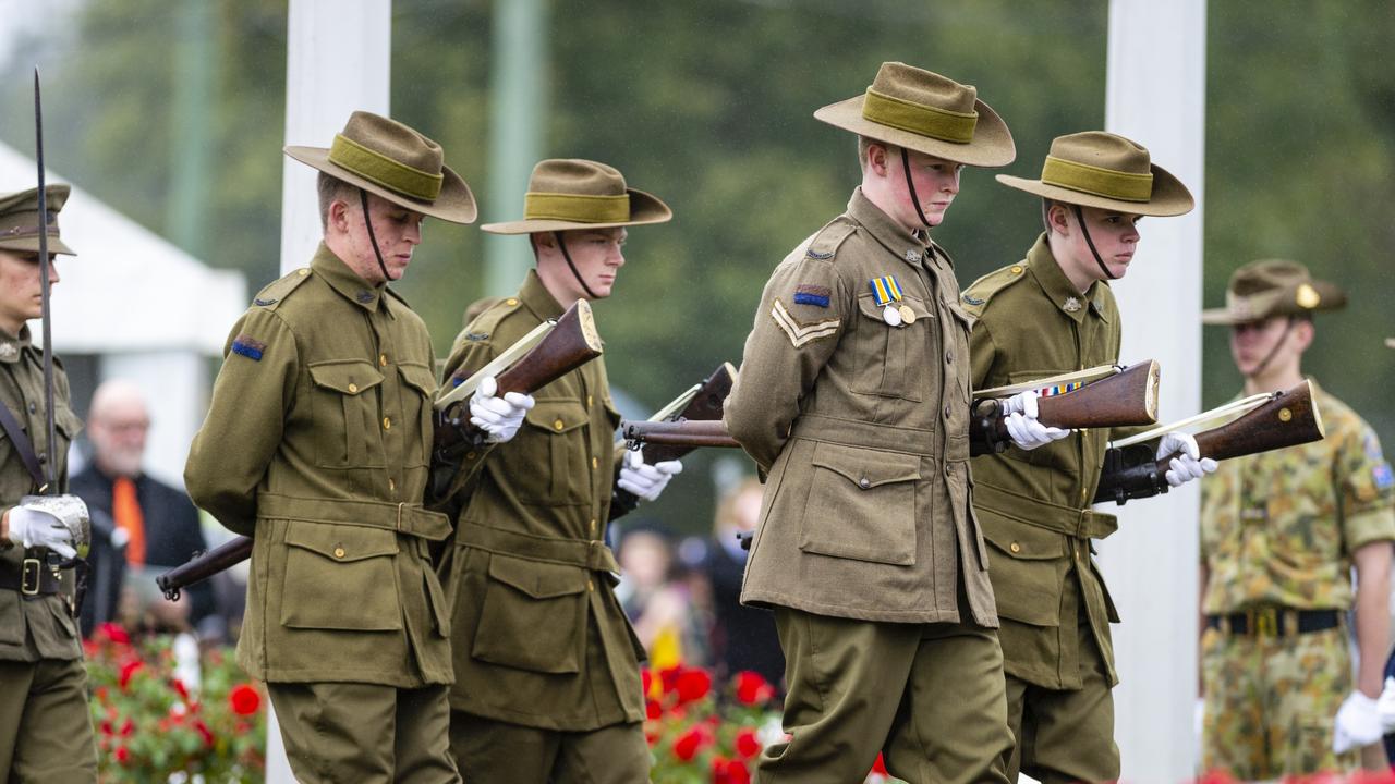 Toowoomba Grammar School students keep the vigil during the Citizens Commemoration Service at the Mothers' Memorial on Anzac Day, Monday, April 25, 2022. Picture: Kevin Farmer