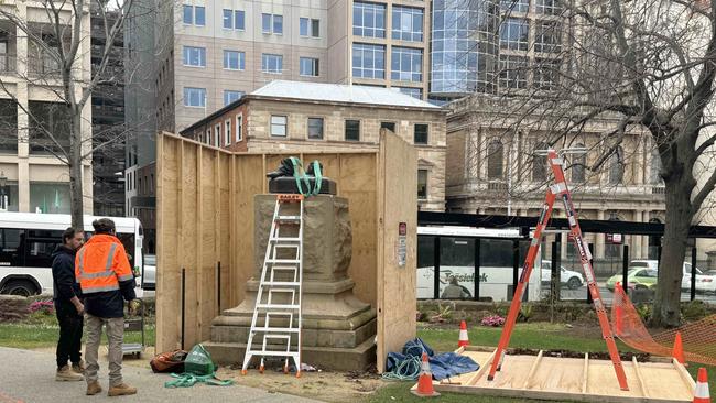 The remaining piece of the Crowther statue will be carefully removed and restored to the main portion of the statue as per the Hobart City Council decision and in line with the Heritage Council of TasmaniaÃ&#149;s permit requirements. Picture: Craig Herbert