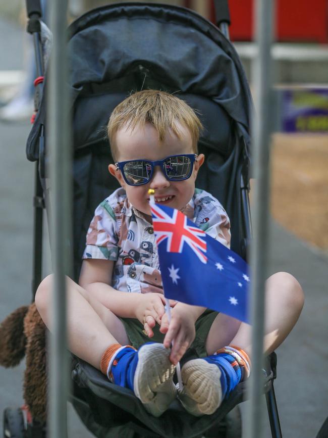 Louis Frederick, 3, in Brisbane for the 2023 ANZAC Day March. Picture: NCA NewsWire / Glenn Campbell