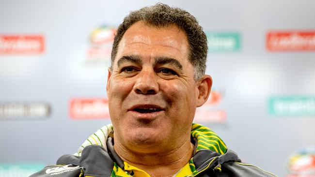 Image ©Licensed to i-Images Picture Agency. 24/10/2016. Liverpool, United Kingdom. Four Nations launch. Australia's Coach Mal Meninga joins other players from the Four Nations Rugby League teams during a press conference at Liverpool FC, Anfield, Liverpool, before the tournament starts on Friday 28th October. Picture by Andrew Parsons / i-Images