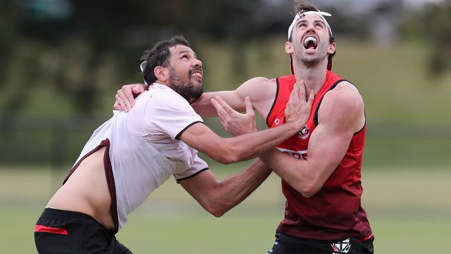 Paddy Ryder and Ryan Abbott at St Kilda training. Picture: Michael Klein