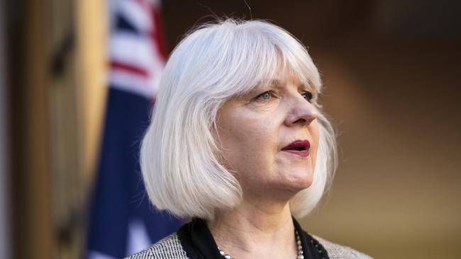 National Mental Health Commission CEO Christine Morgan following the National Cabinet meeting on Friday. Australian Prime Minister Scott Morrison announced a $48 million commitment to the national mental health plan. Picture: Rohan Thomson/Getty Images