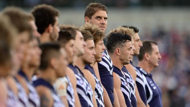 AFL - Fremantle Dockers vs Port Adelaide Power, Patersons Stadium, Perth. Photo by Daniel Wilkins. PICTURED- Freo's Aaron Sandilands watches on during the pre game ceremony.