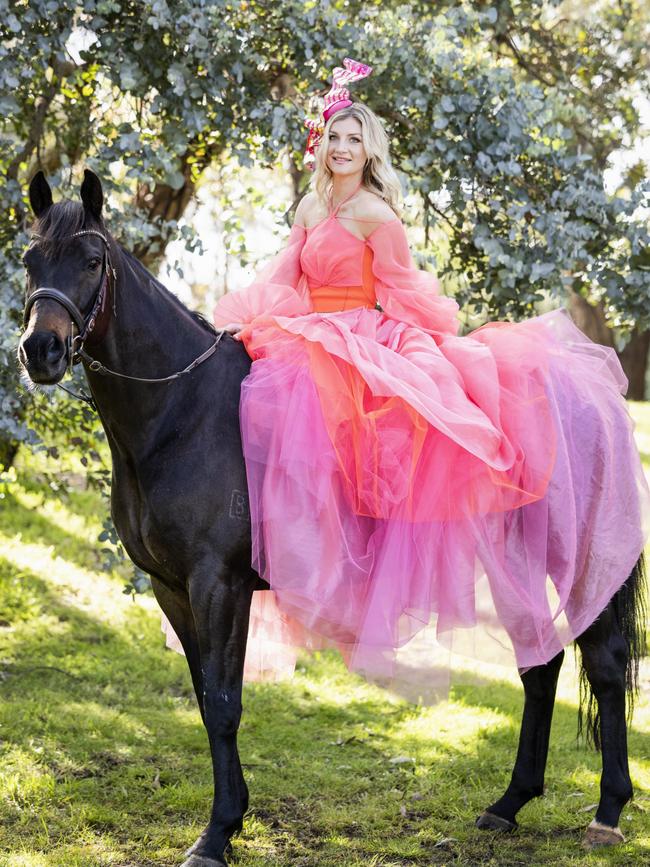 Jamie Kah with her retired racehorse, Brax, at her Mornington Peninsula farm in October 2022. Picture: Nicole Cleary