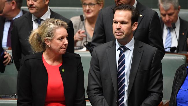 Nationals senators Bridget McKenzie sits with Matt Canavan ahead of the address from Indonesia’s President Joko Widodo. Picture: AAP