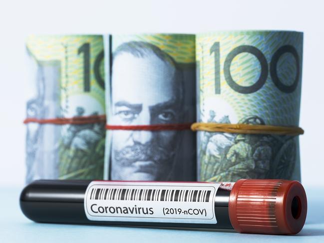 Coronavirus test tube and money bundle, Australian dollar. Blood sample in vacutainer, blood collection tube  with  2019-nCOV label. money generic