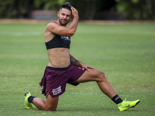 Jesse Arthars during a Brisbane Broncos training session at the Broncos Leagues Club. Picture: AAP Image/Glenn Hunt