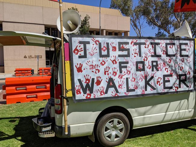 Family members of slain teen Kumanjayi Walker gathered outside the hearing in the Alice Springs Local Court on Wednesday. Picture: Jason Walls