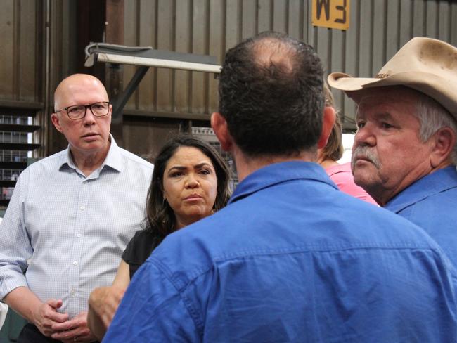 CLP Lingiari Candidate Lisa Seibert, Federal Opposition leader Peter Dutton and Shadow Indigenous Australians Minister Jacinta Nampijinpa Price talk with Ross Engineering and Hardy Fence staff in the company's Alice Springs factory on Wednesday, January 30, 2025. Picture: Gera Kazakov