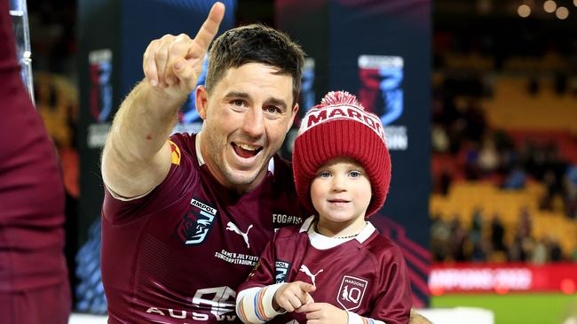 Ben Hunt and son Bowie celebrate victory in the Origin decider. Picture: Adam Head