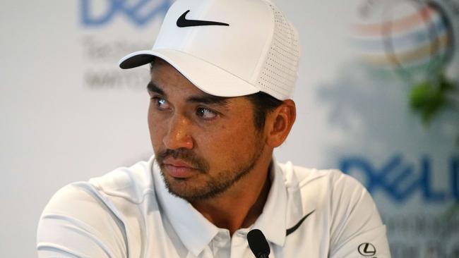 Jason Day addresses the media during a press conference after withdrawing due to an illness in the family from round one of the World Golf Championships-Dell Technologies Match Play.