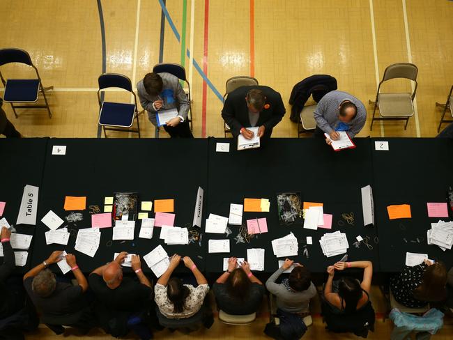 Ballot papers are checked ahead of the count at a Kendal leisure centre in Cumbria, North West England. Picture: Dave Thompson/Getty Images