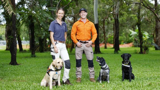 Biosecurity Queensland dog handlers Carla Liebersbach and Aidan Huggett with their electric ant search dogs (L-R) Golden Labrador Ziggy, Springer Spaniel Spencer and Black Labrador Hank. Picture: Brendan Radke