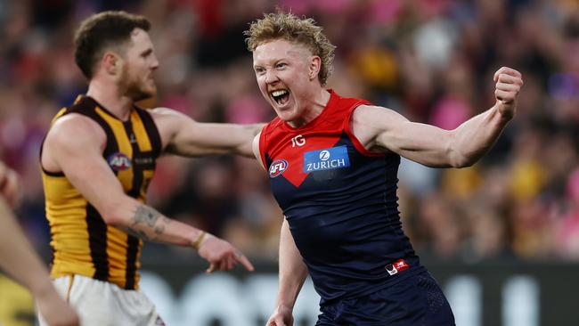 Clayton Oliver celebrates his big goal in the final quarter. Picture: Michael Klein