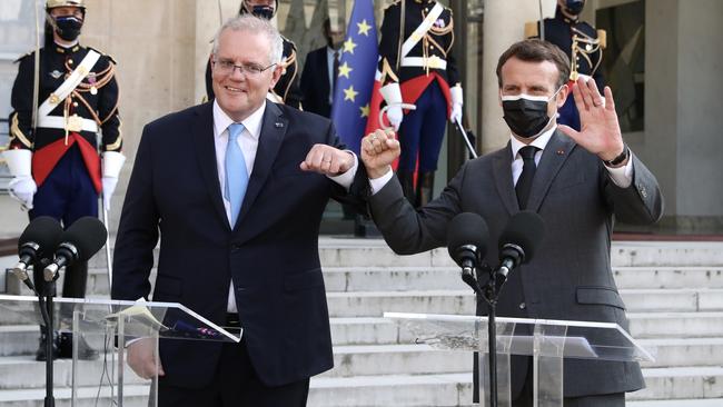 Prime Minister Scott Morrison with Emmanuel Macron at the Presidential Palace in France in June. Picture: Adam Taylor/PMO