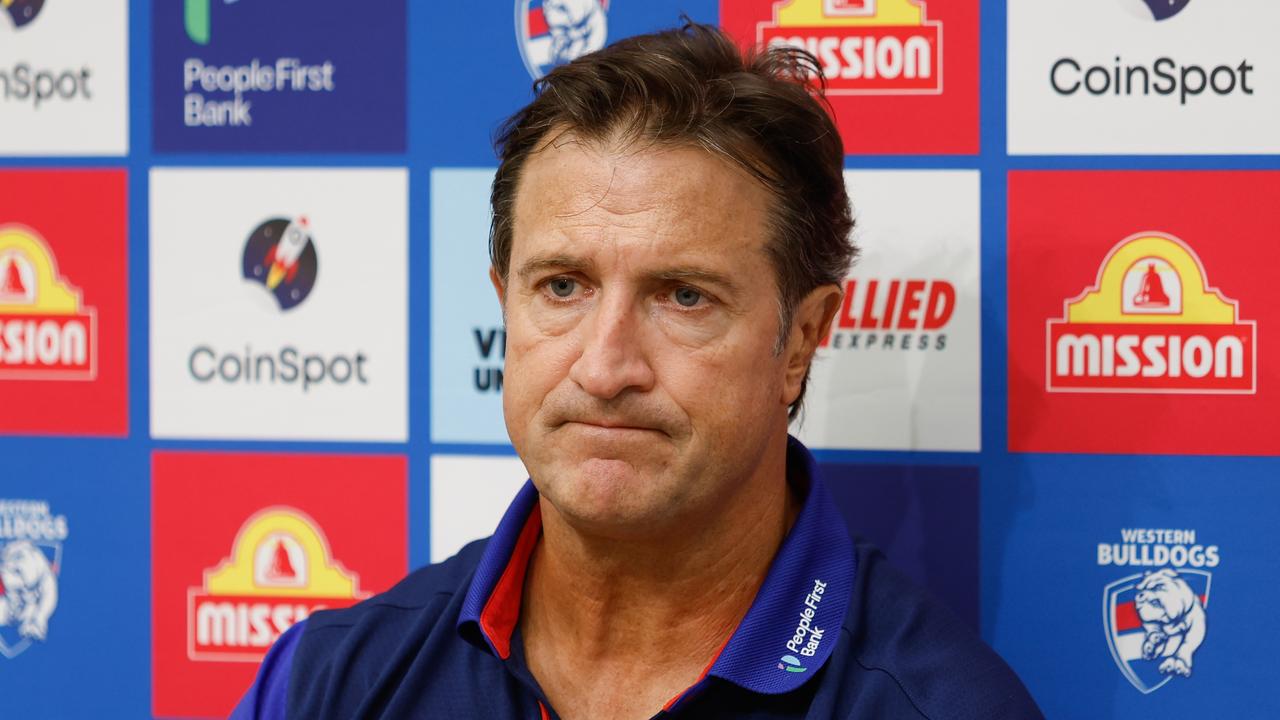 MELBOURNE, AUSTRALIA - MARCH 17: Luke Beveridge, Senior Coach of the Bulldogs speaks to the media during the 2024 AFL Round 01 match between the Melbourne Demons and the Western Bulldogs at the Melbourne Cricket Ground on March 17, 2024 in Melbourne, Australia. (Photo by Dylan Burns/AFL Photos via Getty Images)