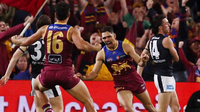 Charlie Cameron celebrates during Brisbane’s preliminary final win. Picture: Michael Klein.