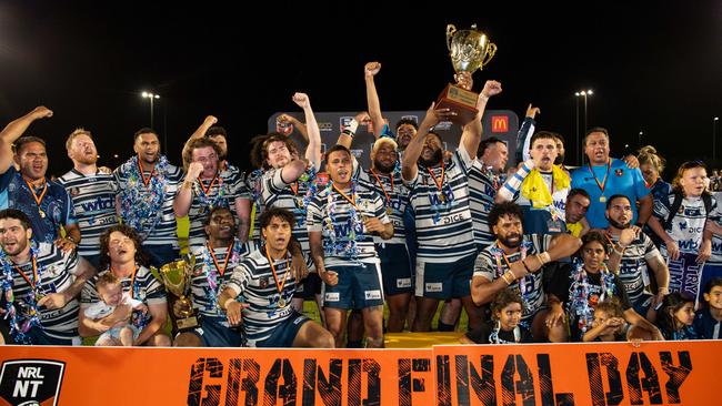 The Darwin Brothers celebrate their 2024 NRL NT grand final win against the Northern Sharks. Picture: Pema Tamang Pakhrin