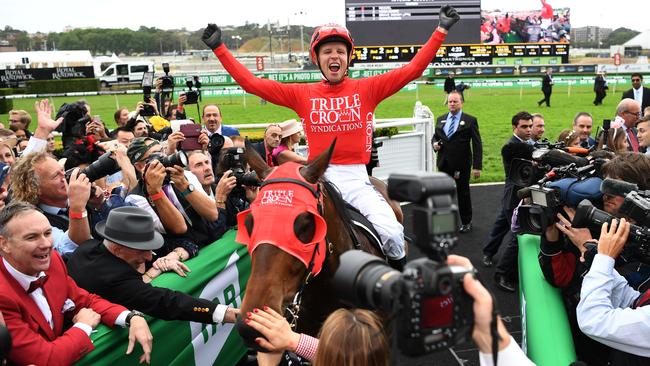 Kerrin McEvoy after winning the first Everest on Redzel. Picture: AAP Image–David Moir