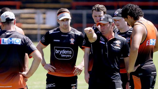 Wests Tigers assistant coach Brett Kimmorley gives instructions at training. Picture: Toby Zerna