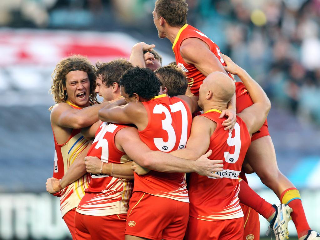 Gold Coast’s first ever win was against Port Adelaide at the old Football Park in 2011. Picture: Morne de Klerk/Getty Images