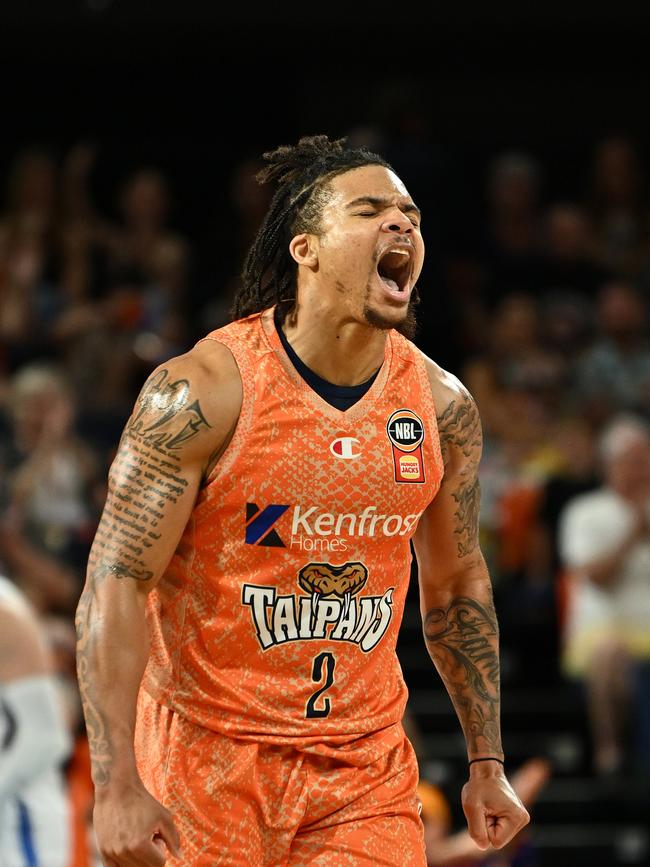 CAIRNS, AUSTRALIA - SEPTEMBER 28: Rob Edwards of the Taipans reacts during the round two NBL match between Cairns Taipans and Adelaide 36ers at Cairns Convention Centre, on September 28, 2024, in Cairns, Australia. (Photo by Emily Barker/Getty Images)