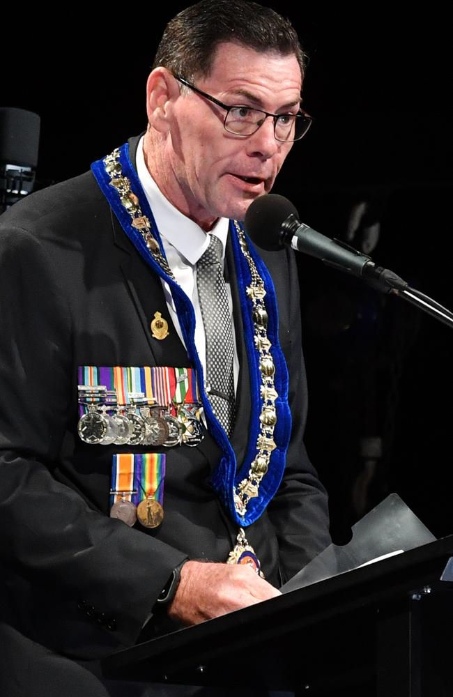 Townsville Mayor Troy Thompson delivering his address at the 2024 Anzac Day Dawn Service at Anzac Park, The Strand, as he wears his father’s medals. Picture: Evan Morgan