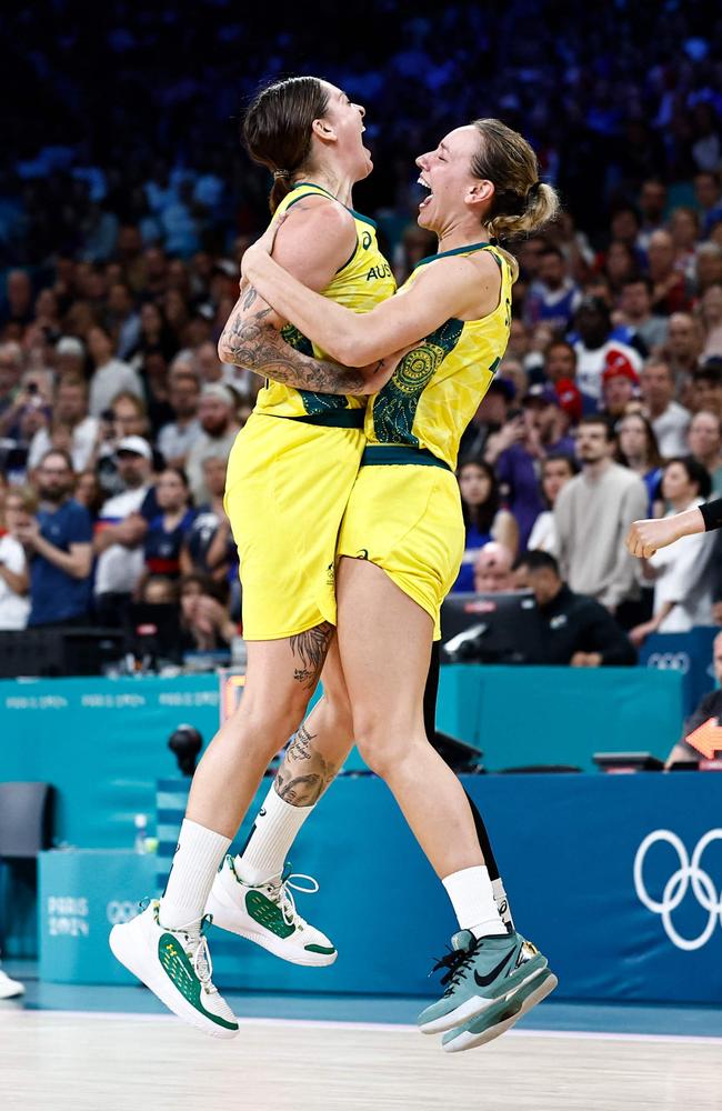 Cayla George and Alanna Smith celebrate after Australia’s win over France. Picture: AFP