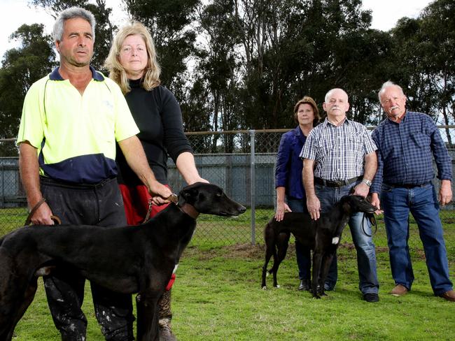 Local greyhound trainers and owners upset over the cancellation of the industry.Larry and Leanne Procopio,Colleen and Mario Abela and John Earl (blue shirt)