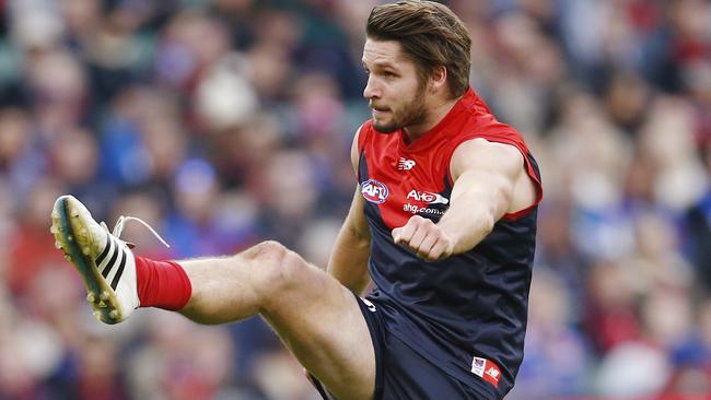 AFL Round 8. Melbourne vs Western Bulldogs at the MCG. Jesse Hogan kicks a goal . Pic: Michael Klein. Sunday May 24, 2015.