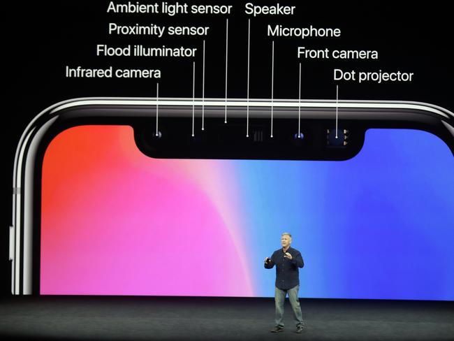 Phil Schiller, Apple's senior vice president of worldwide marketing, announces features of the new iPhone X. Picture: AP