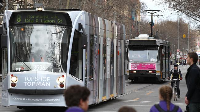 Trams photographed in Swanston St Melbourne. Picture: David Crosling