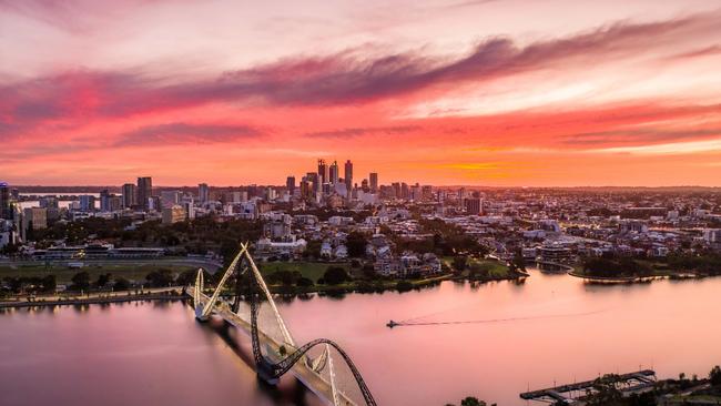 Aerial View of the sun rising above Matagarup Bridge, PerthPhoto - Tourism WAEscape13 March 2022