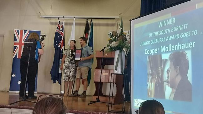 Cooper Mollenhauer receives the South Burnett junior cultural award. Photo: Kathy Duff.