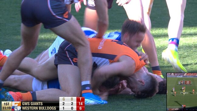 Toby Greene was suspended for this incident involving Marcus Bontempelli.