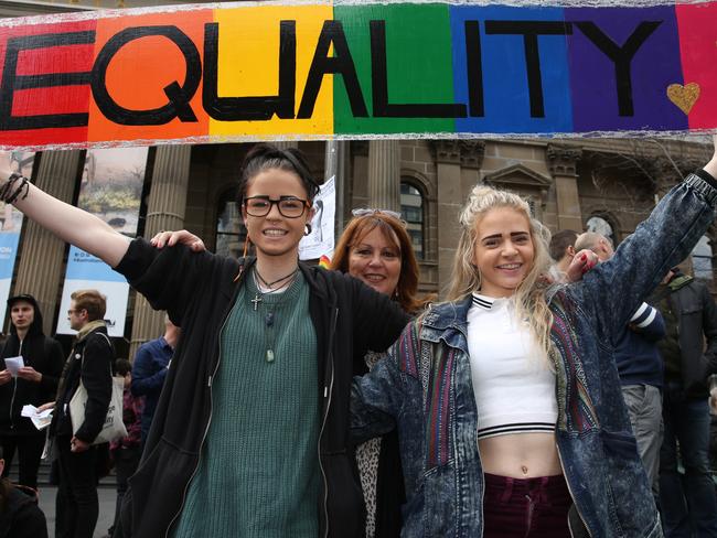 Equality rally supporting same sex marriage at the State Library. Codine and rhonda. Picture: Brendan Francis