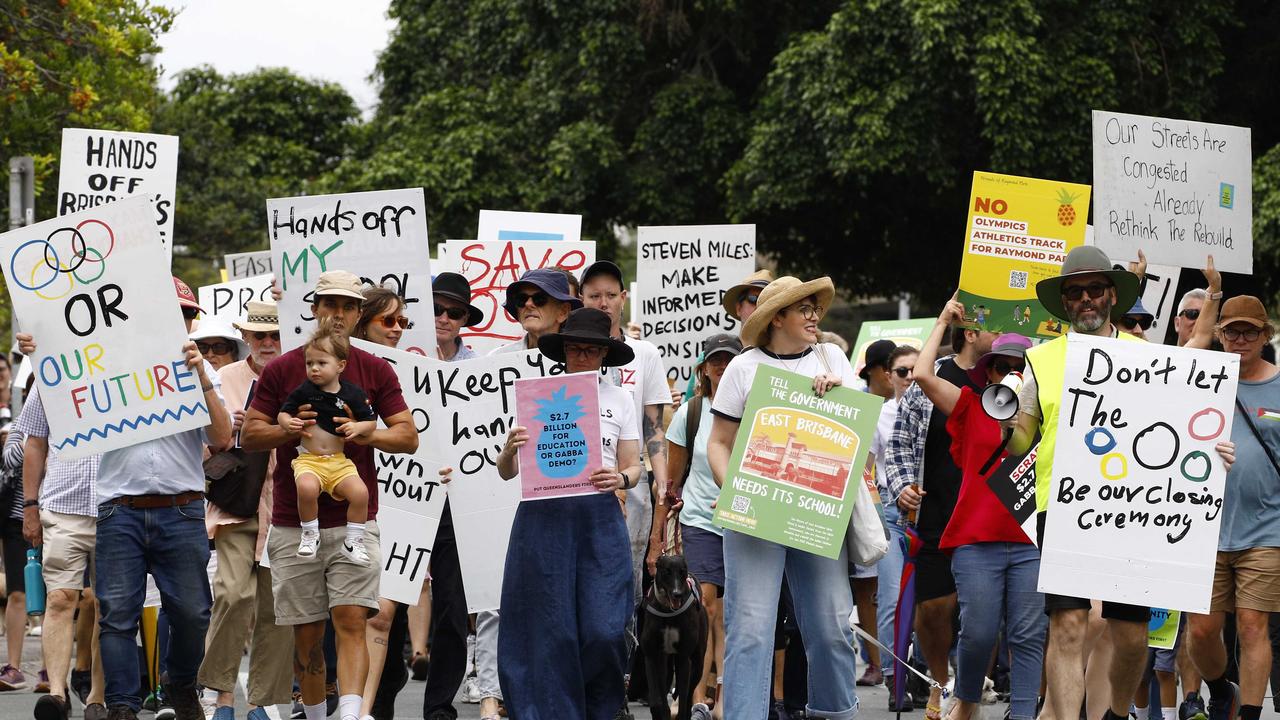 The protesters marched around the Gabba. Picture: NCA NewsWire/Tertius Pickard