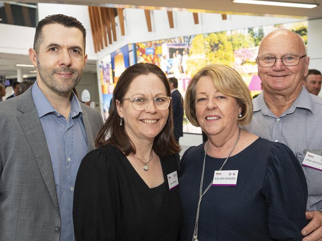 Celebrating the Wagner family's 35 years of business and a decade of Toowoomba Wellcamp Airport are (from left) Trent Humphrys, Cherie Humphrys, Sue Van Dongen and Henk Van Dongen, Friday, November 8, 2024. Picture: Kevin Farmer