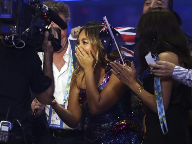 Jessica Mauboy celebrates after making it to the finals in Lisbon, Portugal. Picture: AP