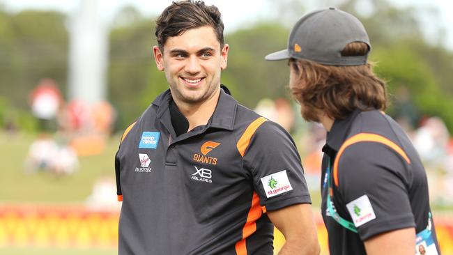 SYDNEY, AUSTRALIA - FEBRUARY 29: Tim Taranto of the Giants is seen at quarter time with his arm in a sling during the 2020 AFL Marsh Community Series match between the Greater Western Sydney Giants and the Sydney Swans at Blacktown International Sportspark on February 29, 2020 in Sydney, Australia. (Photo by Mark Kolbe/Getty Images)